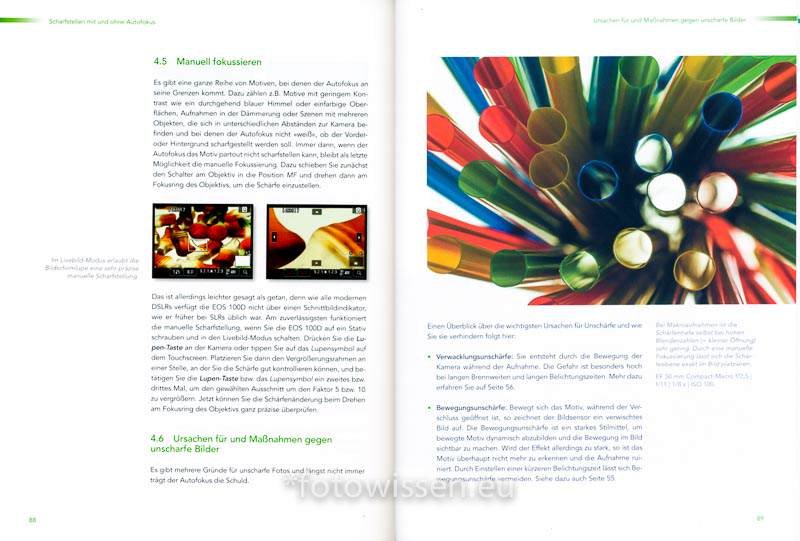 Ursachen für und Maßnahmen gegen unscharfe Bilder das eos 100D handbuch Seiten 88 89