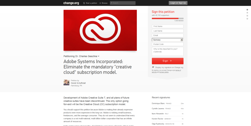 Petition gegen Adobe CC Creative Cloud