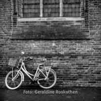 In dieser Schwarzweiß Fotografie fehlt die Farbe und die Betrachter werden weder auf das blaue Schloss am Fahrrad, noch auf das grüne Moos an der Wand gelenkt. Mit Mut Schwarzweiß fotografieren