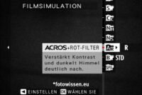 Fujifilm Kameramenü Schwarzweiß Filmsimulation ACROS+Rot-Filter